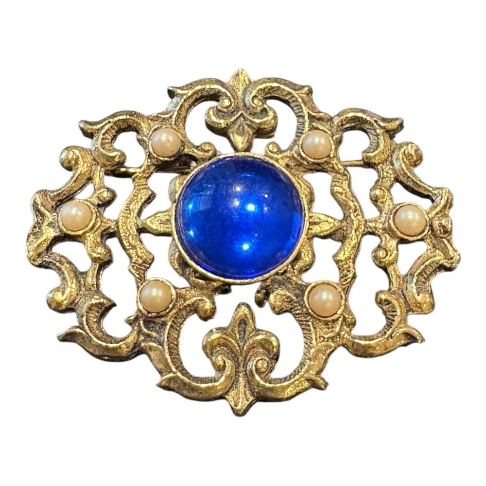 Vintage Gold Filigree Brooch Large Blue Cabochon and Faux Pearls